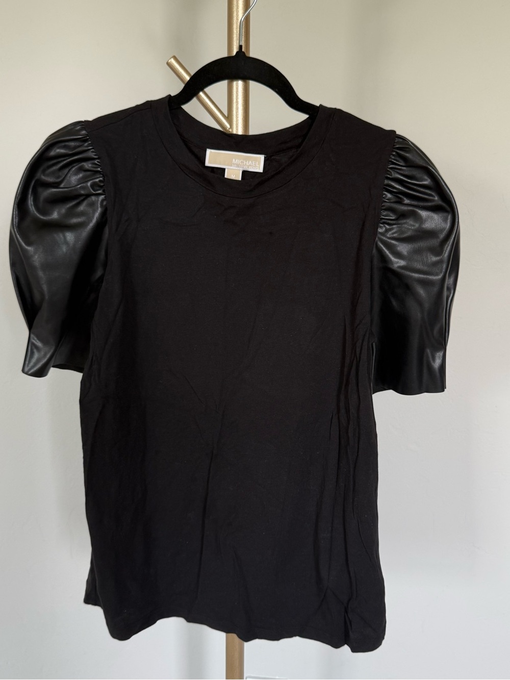 Michael Kors Black Tee with Faux-Leather Puff Sleeves